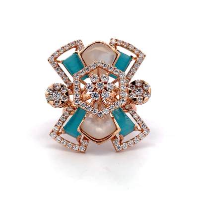 CLASSIC FLORAL RING FOR LADIES WITH AMERICAN DIAMONDS AND BLUE EMERALD STONE  Gold