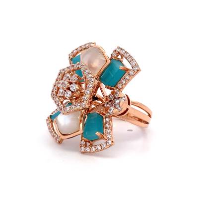 CLASSIC FLORAL RING FOR LADIES WITH AMERICAN DIAMONDS AND BLUE EMERALD STONE  Rings