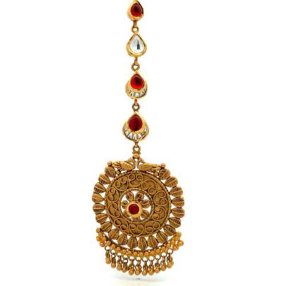 EQUISITE FLORAL AND PEACOCK MOTIF ANTIQUE MAANG TIKKA  Gold
