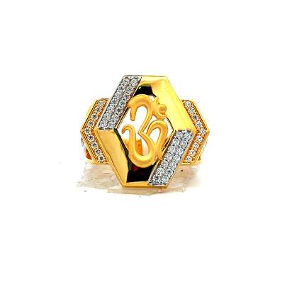 GEOMETRICALLY CARVED OM ENGRAVED GENTS RING  Gold