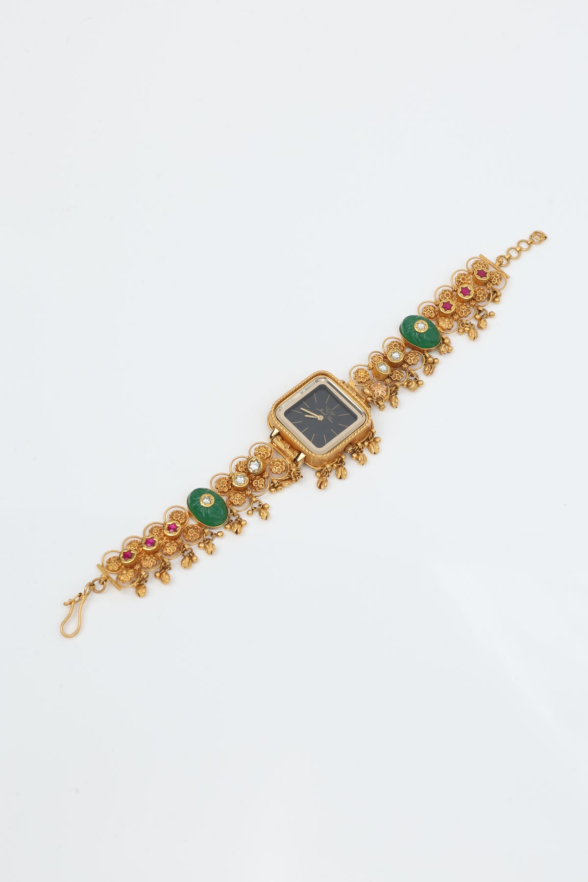 Black Dial Kundan Watch for women with 22KT antique gold filigree kundan and carved stone strap – Enishka Ahmedabad