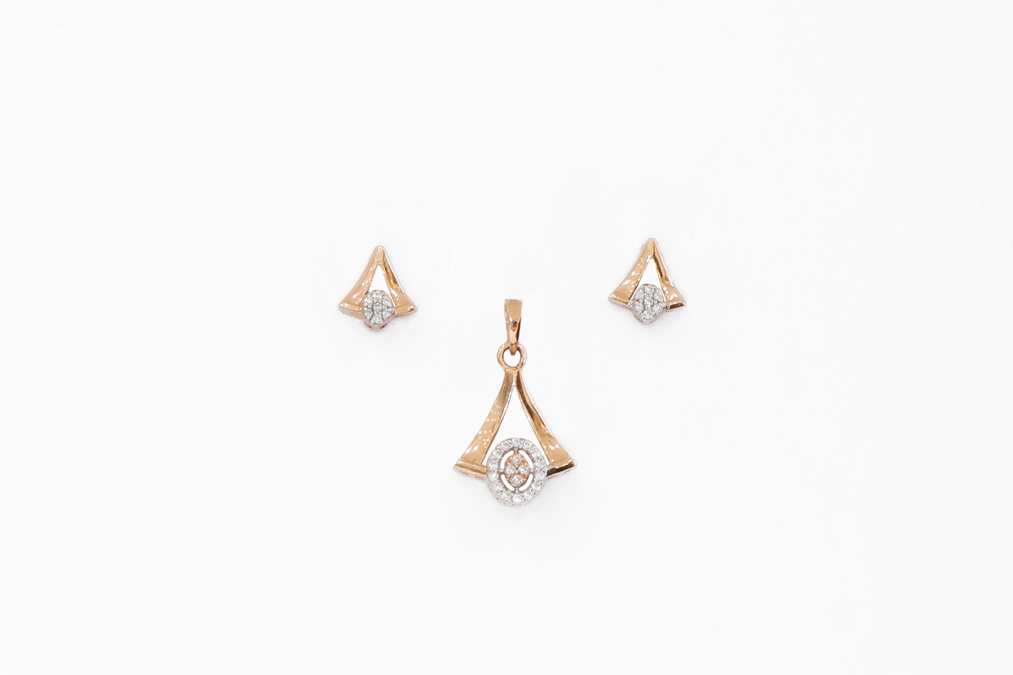 Gold jewelry set with triangle-shaped pendant and earrings on a white background