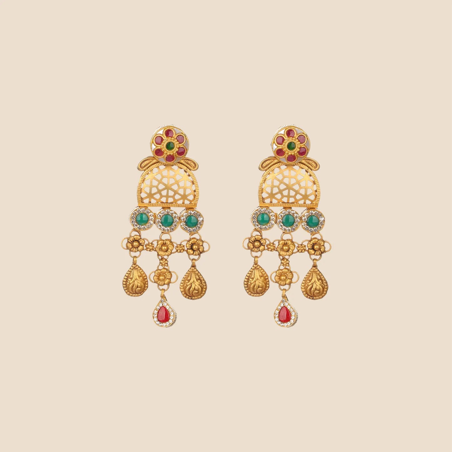 Ornate gold dangle earrings featuring a floral stud with red stones, a geometric lattice center, green stone accents, and cascading gold teardrop charms with a central red stone.