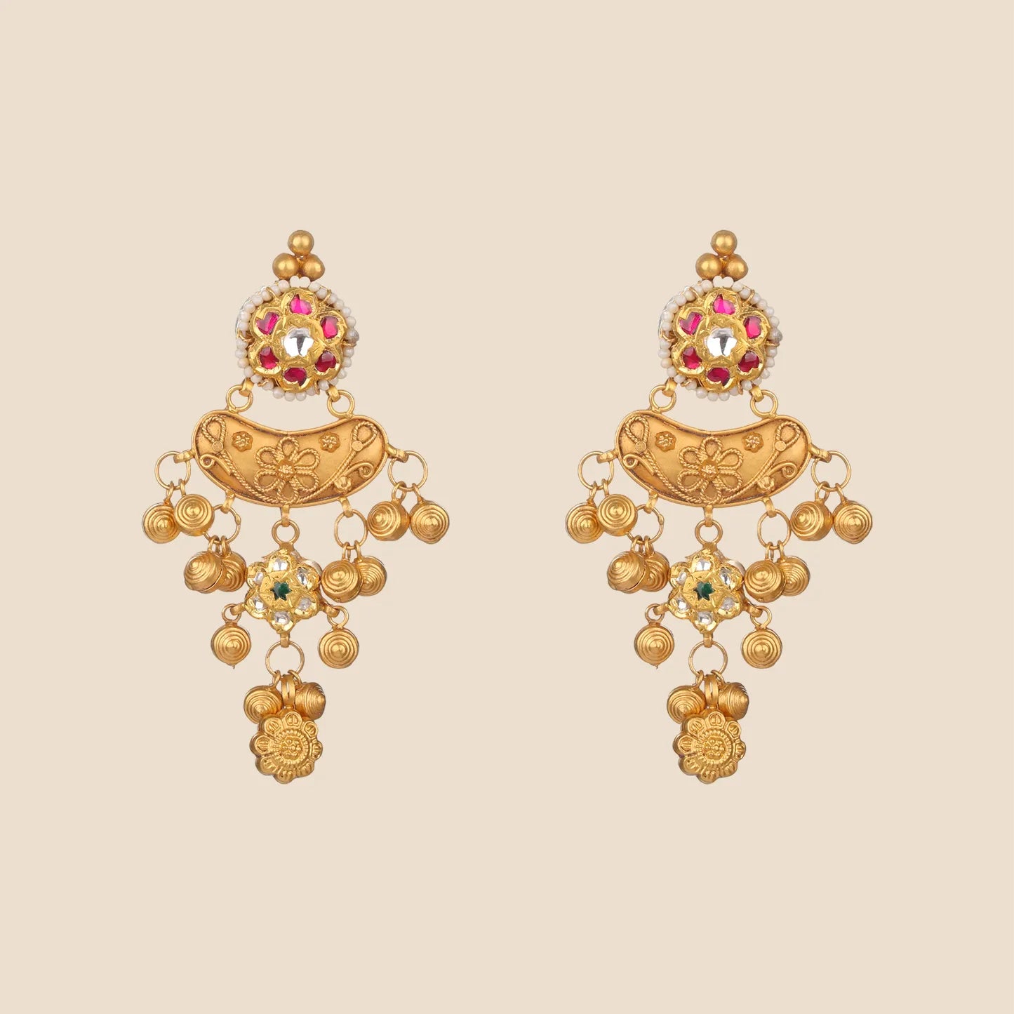 A pair of matching gold drop earrings with pink stone floral studs and intricate crescent-shaped dangles accented by small gold balls.
