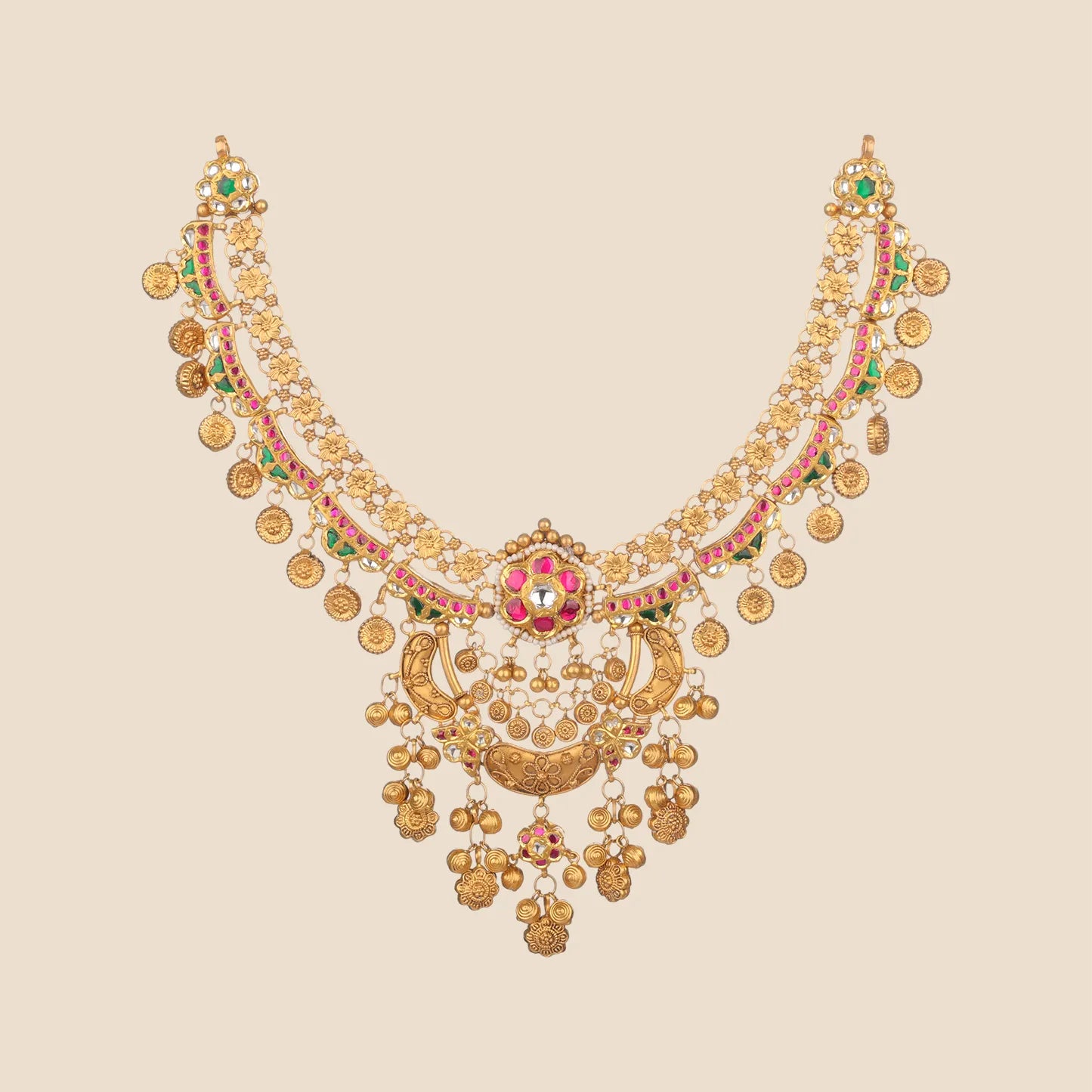 An elegant gold choker necklace featuring a floral center with pink stones, multi-layered gold chains, and tiered dangles with small gold beads.