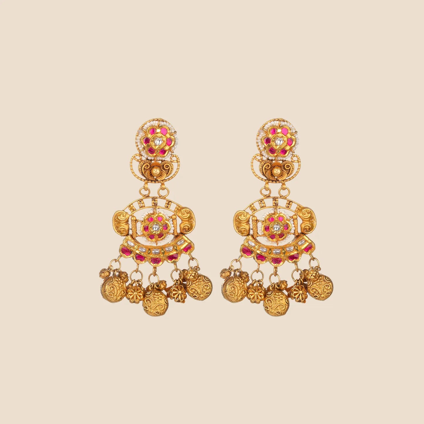 Pair of elaborate gold dangle earrings featuring floral motifs with red stones, pearl accents, and cascading gold coin drops.