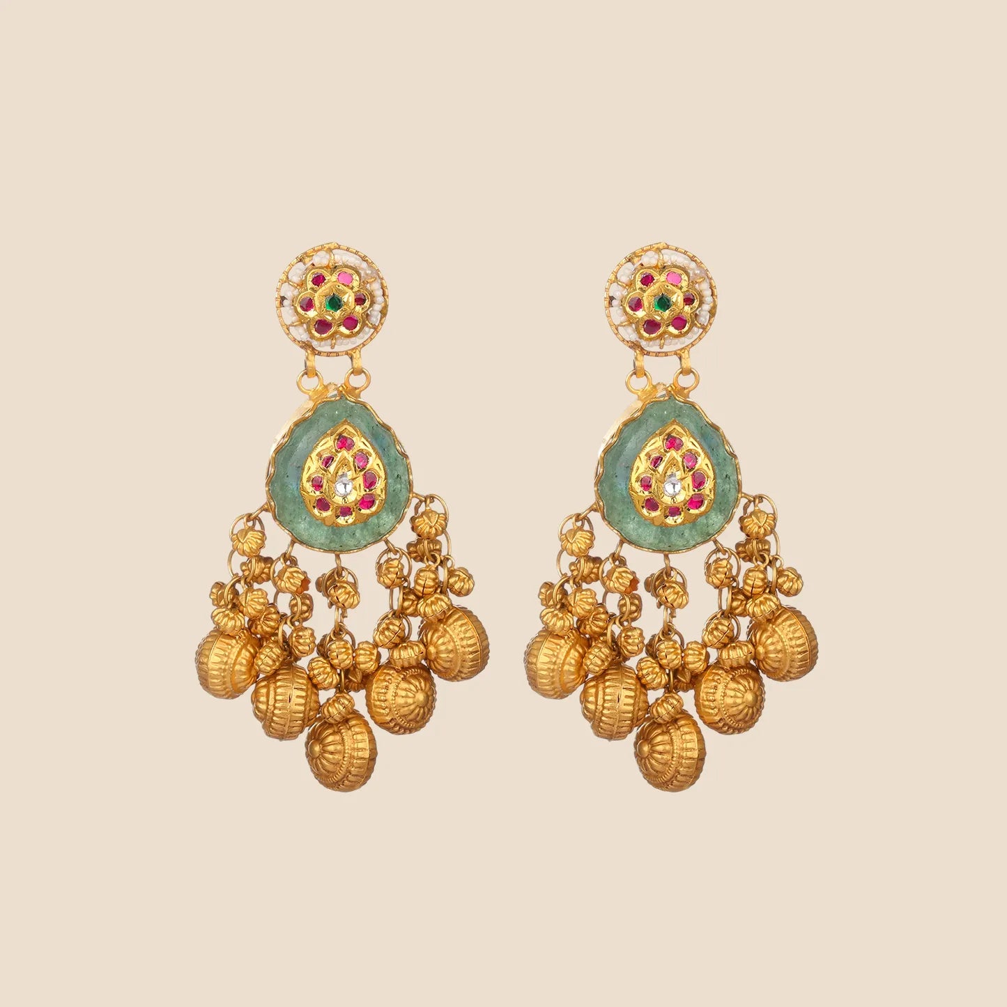 Gold dangle earrings featuring a green teardrop stone with red stone accents and clustered gold bead drops.