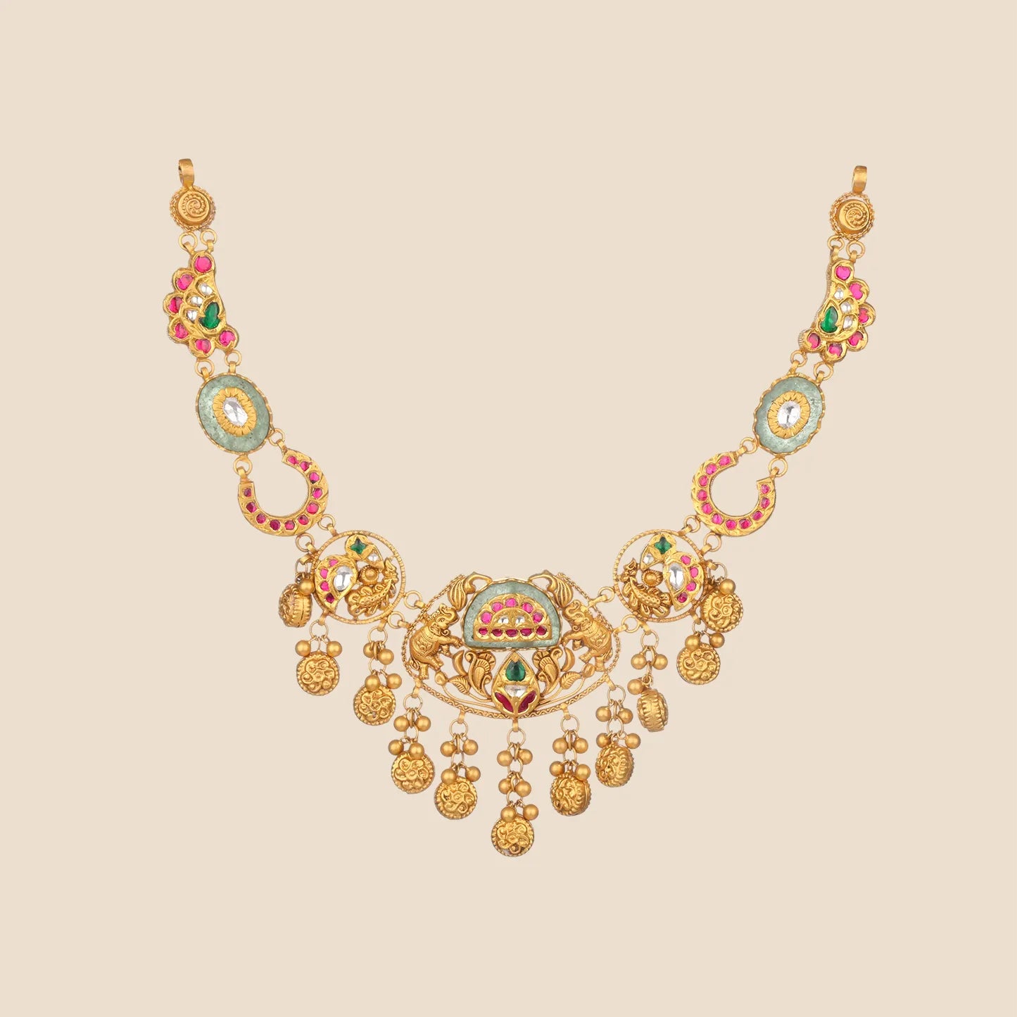 Gold choker necklace with emerald and ruby accents, horseshoe motifs, and dangling coin charms.