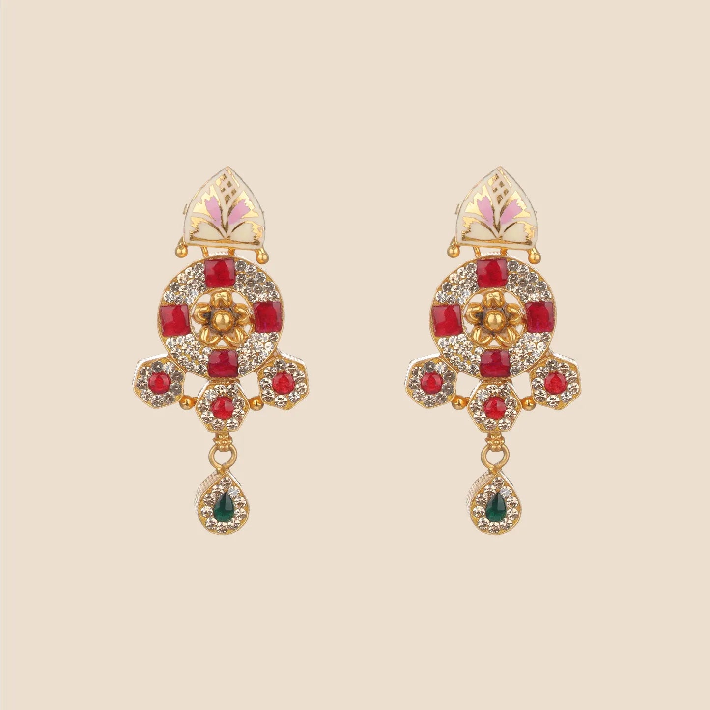 Gold dangle earrings featuring a white and pink enamel top, a circular motif studded with clear and red stones, a central gold floret, and a green teardrop dangle.