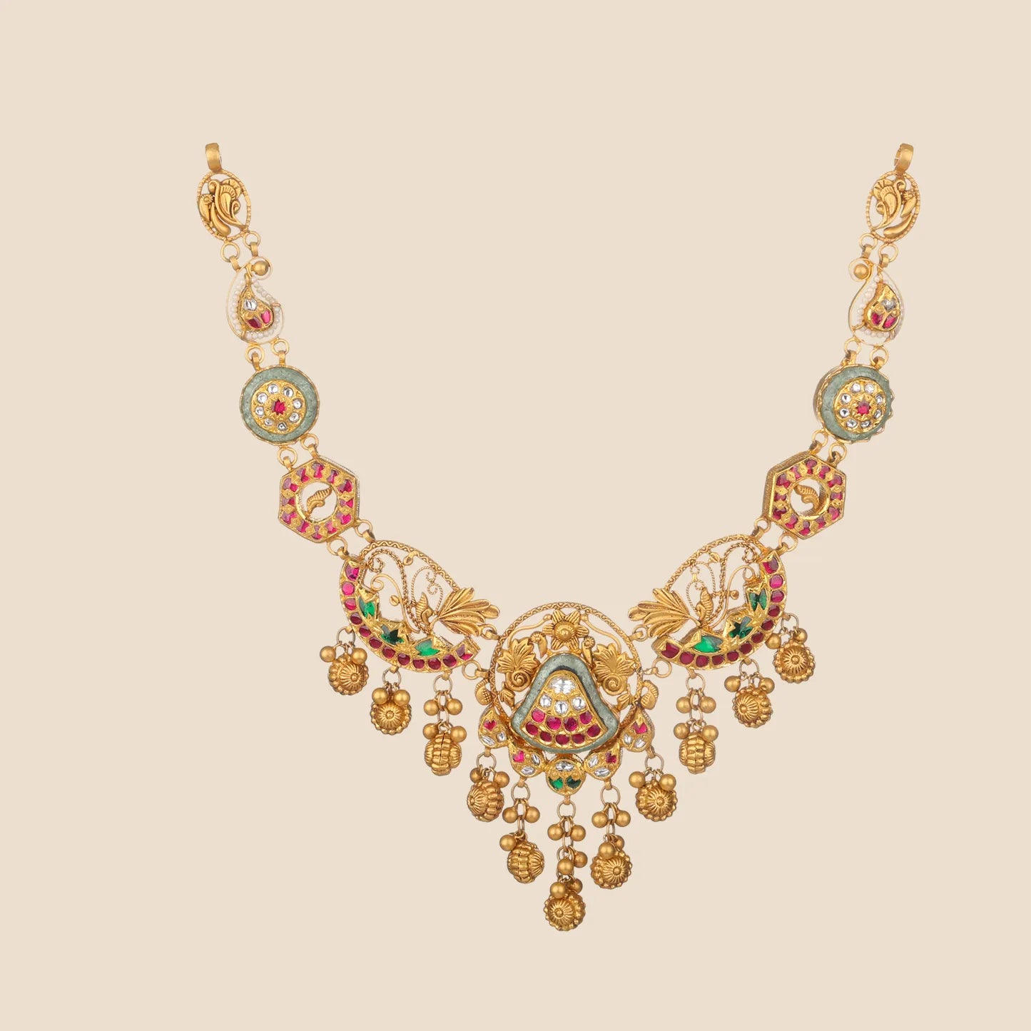 Gold choker necklace with a chain detailed in green and pink enameled motifs, leading to a complex centerpiece with a light green enameled teardrop inset, circular side elements, and a fringe of textured gold drops.