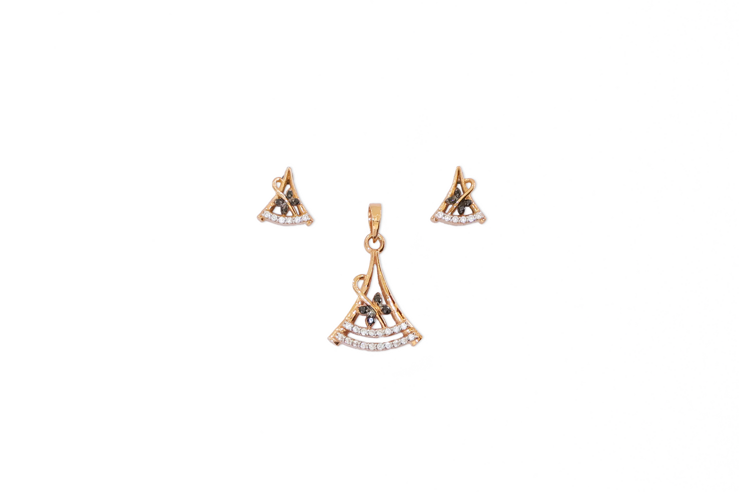 Gold pendant and earrings on a white background