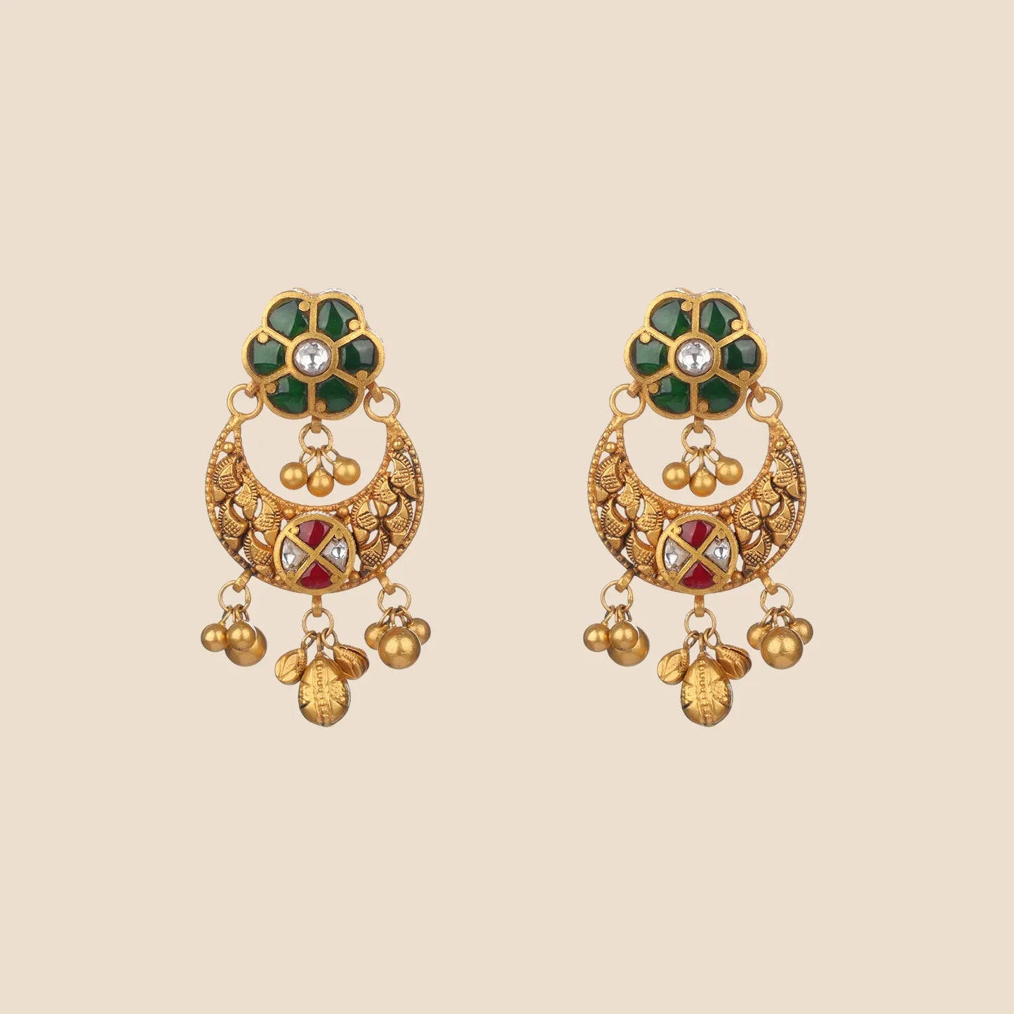 A pair of matching gold drop earrings with pink gemstone flower studs, crescent-shaped dangles, and a fringe of small gold beads and pearls.