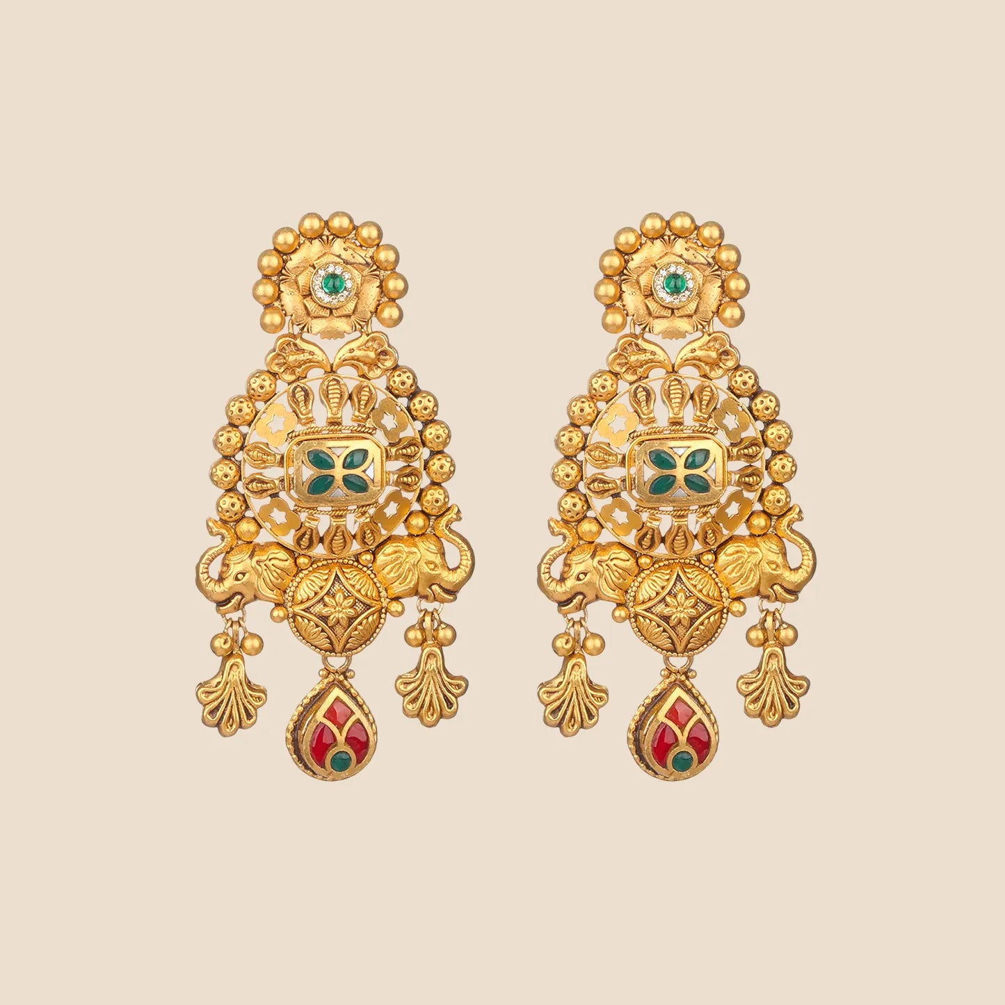 Gold Temple Earrings with Elephant Motifs and Colored Enamel.