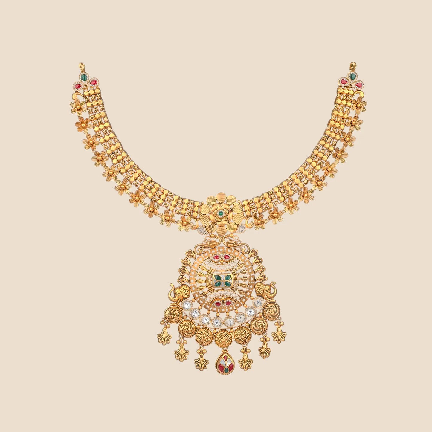 Ornate Gold Choker Necklace with Kundan and Elephant Pendant.