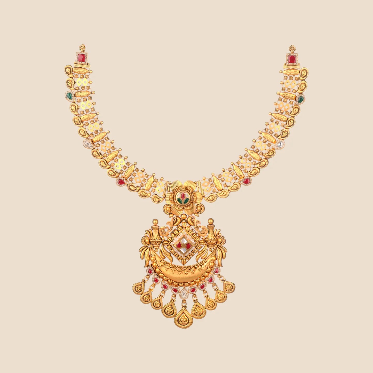 A grand 22k gold necklace featuring an intricate crescent pendant with red and green enamel work, pearls, and dangling gold beads.