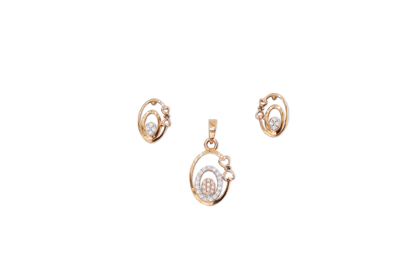 Gold jewelry set with a pendant and two earrings on a white background