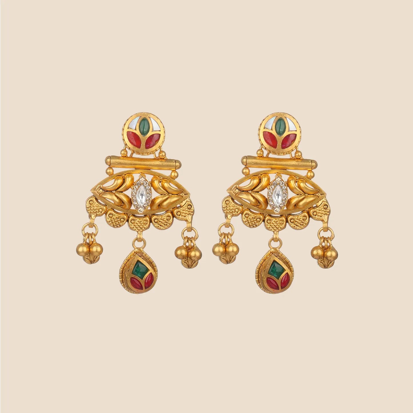 Ornate gold dangle earrings featuring red, green, and white enamel accents, a clear marquise stone, and dangling gold beads with a central teardrop pendant.