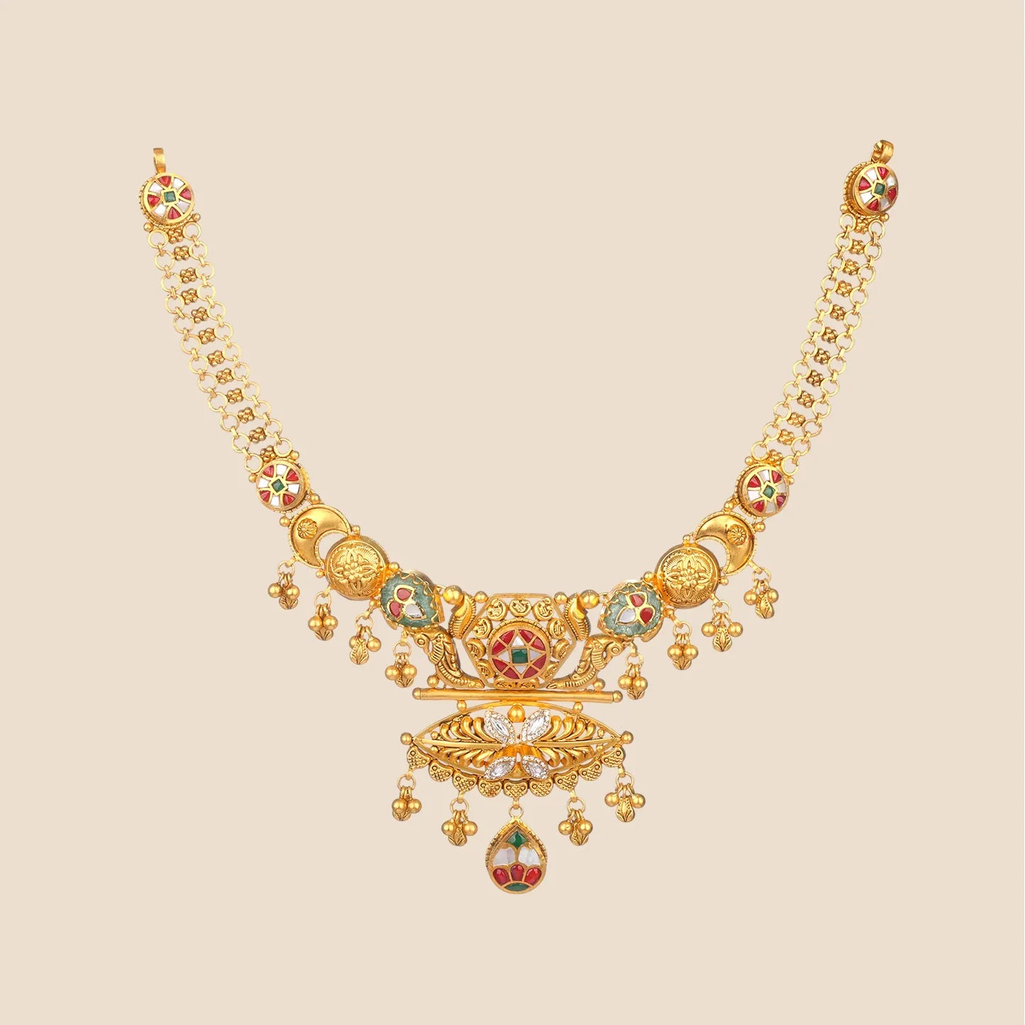 Intricate gold choker necklace featuring a geometric pendant with clear stones, red and green enamel details, stylized parrot motifs, and hanging gold drops.
