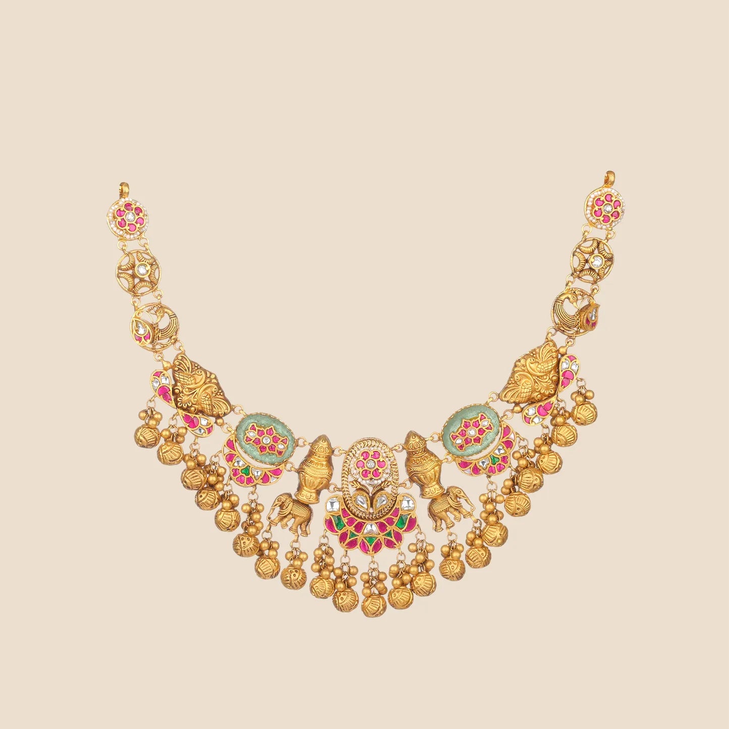 Gold choker necklace with pink and green temple motifs, parrot details, and dangling bead drops.