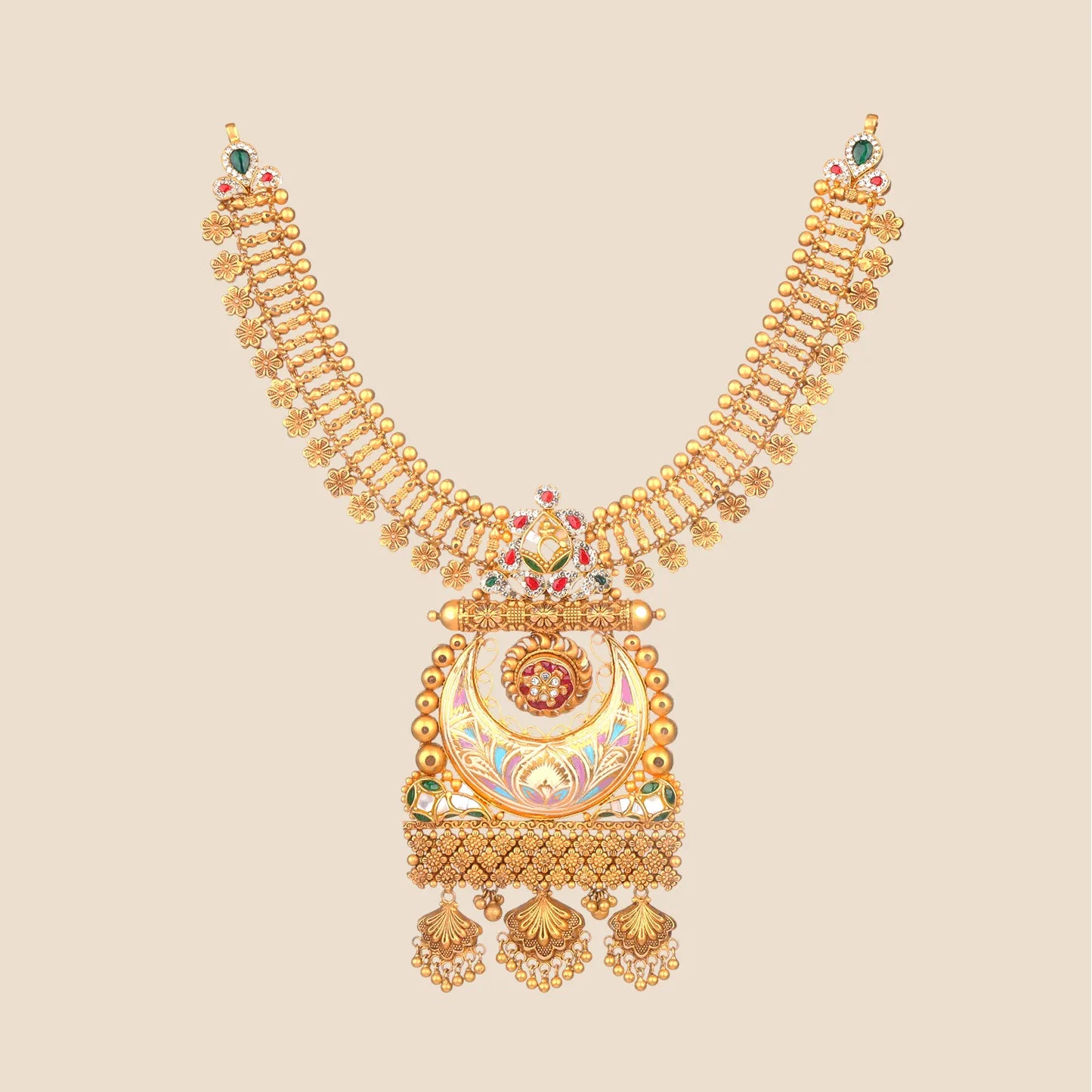Elaborate gold choker necklace featuring a large enameled crescent pendant with red stone accents and textured gold fan drops.