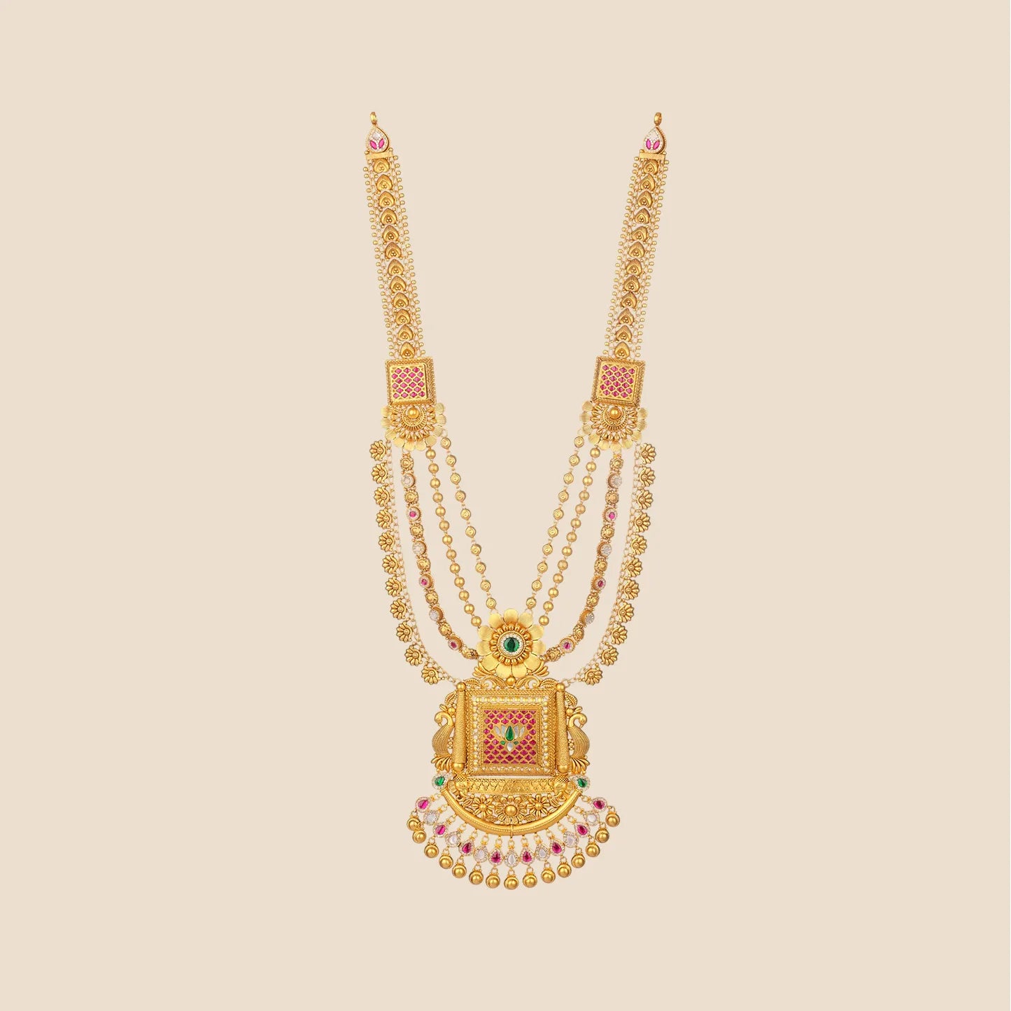 Multi-strand gold long necklace featuring a large square pendant with pink stone inlay and a semi-circular drop.