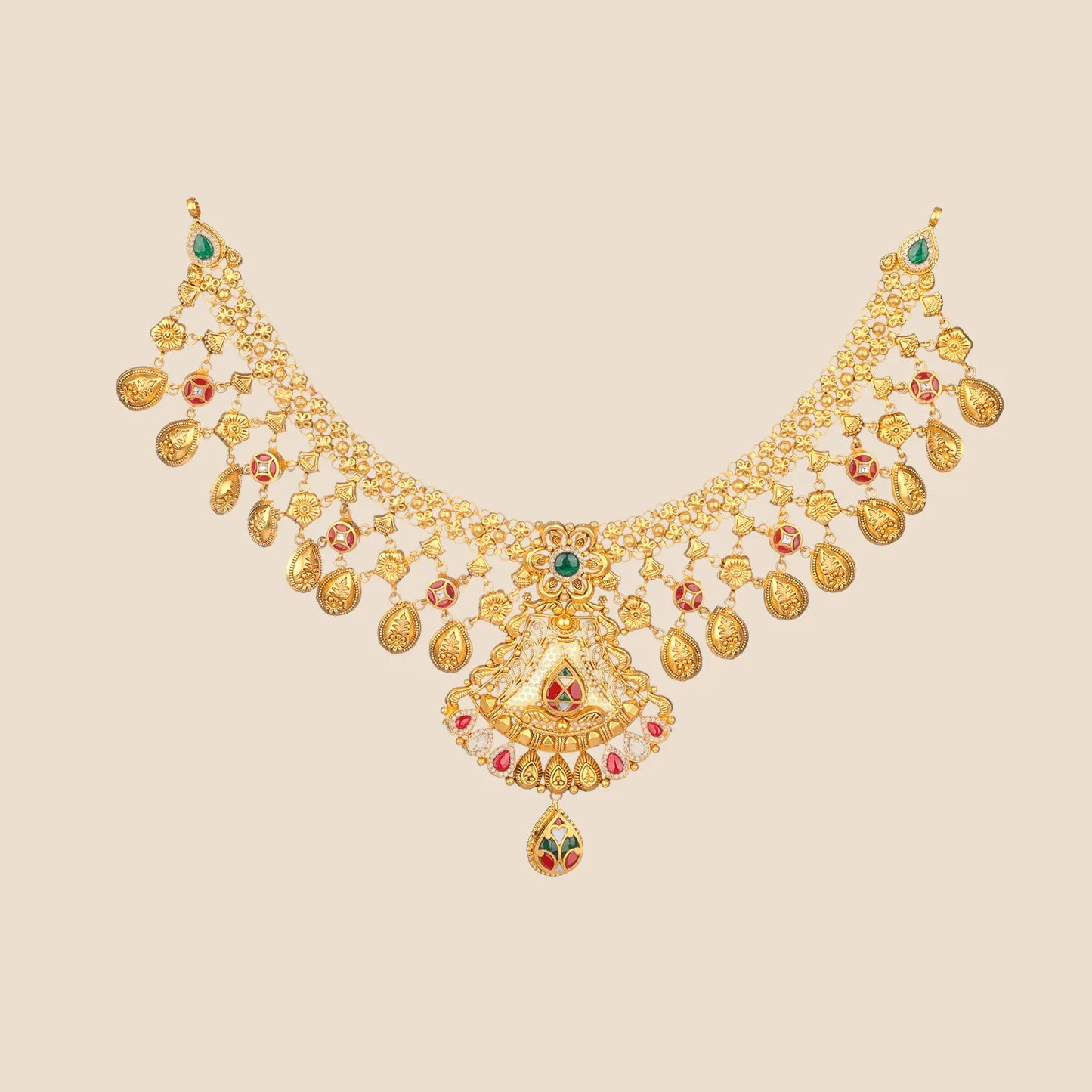 Intricate traditional gold choker necklace with a large pendant and hanging elements.
