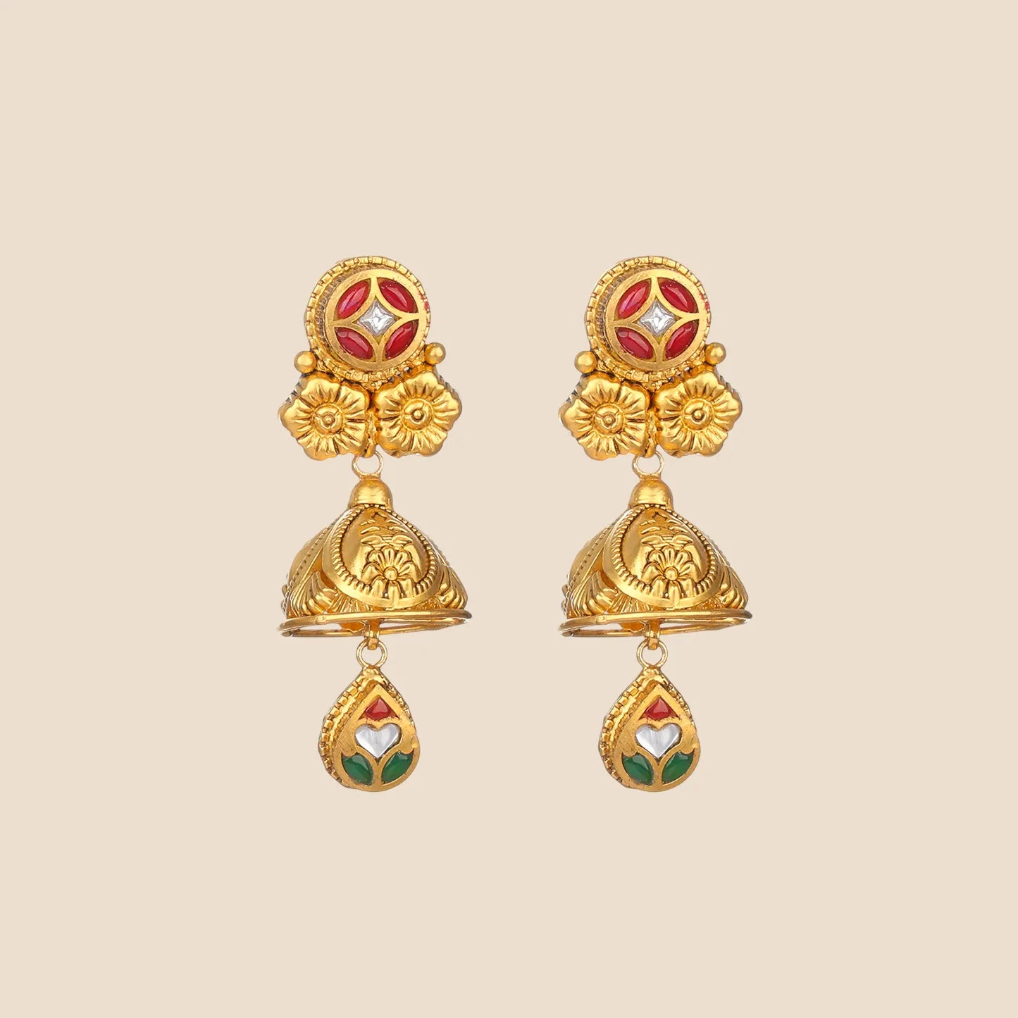 Pair of gold Jhumka earrings with red and green enamel details.