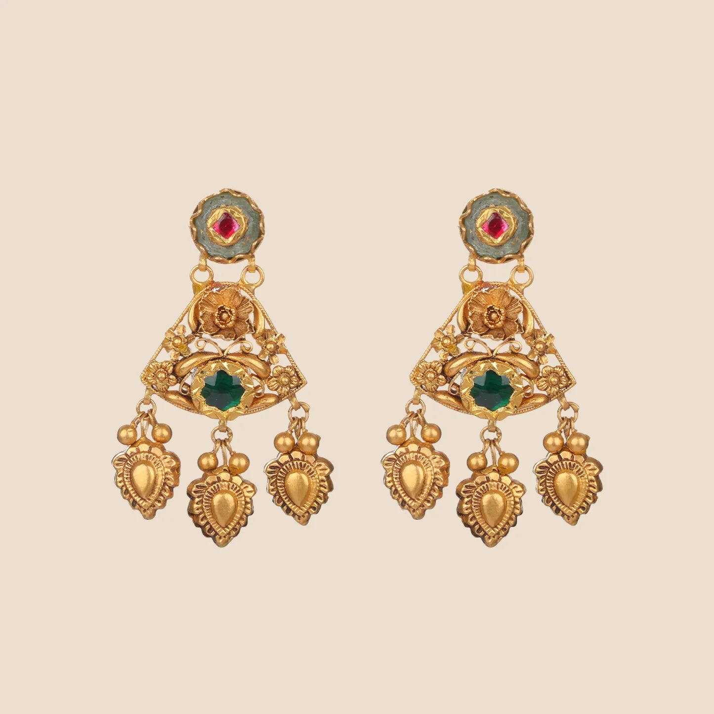 A pair of matching gold drop earrings with triangular filigree frames, red and green gemstone accents, and three textured gold dangles.
