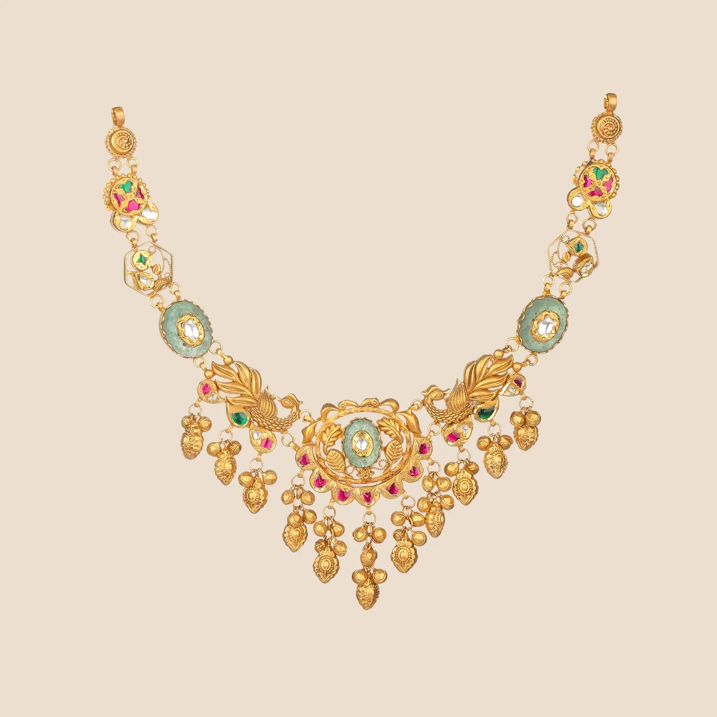 Gold choker necklace with ruby, emerald, diamond, and pearl accents, plus dangling bead drops.