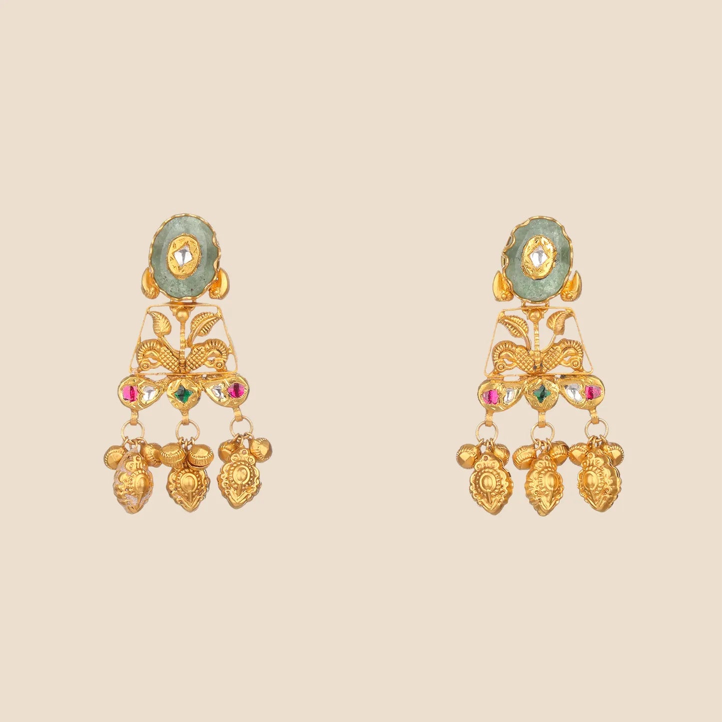 Gold earrings with ruby, emerald, diamond, and pearl accents and dangling bead charms.