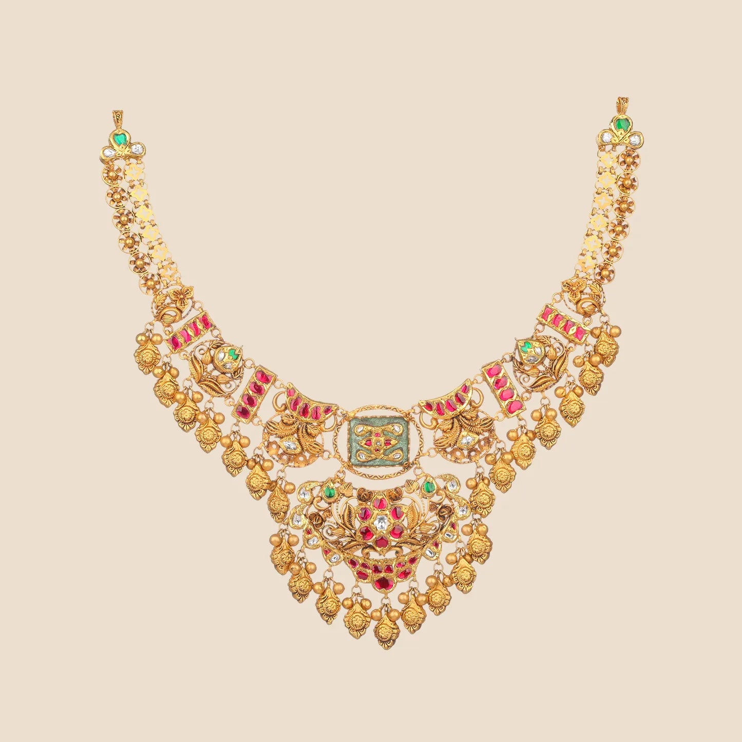Elaborate antique gold choker necklace featuring red and green stones