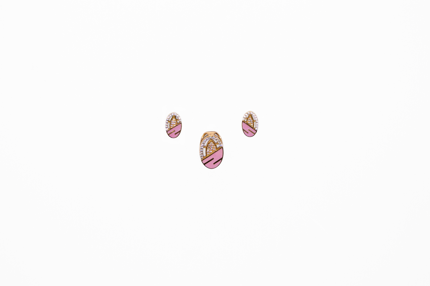 Pair of pink earrings with gold accents on a white background
