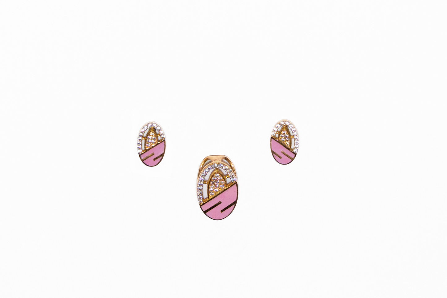 Pair of earrings with pink and gold design on a white background