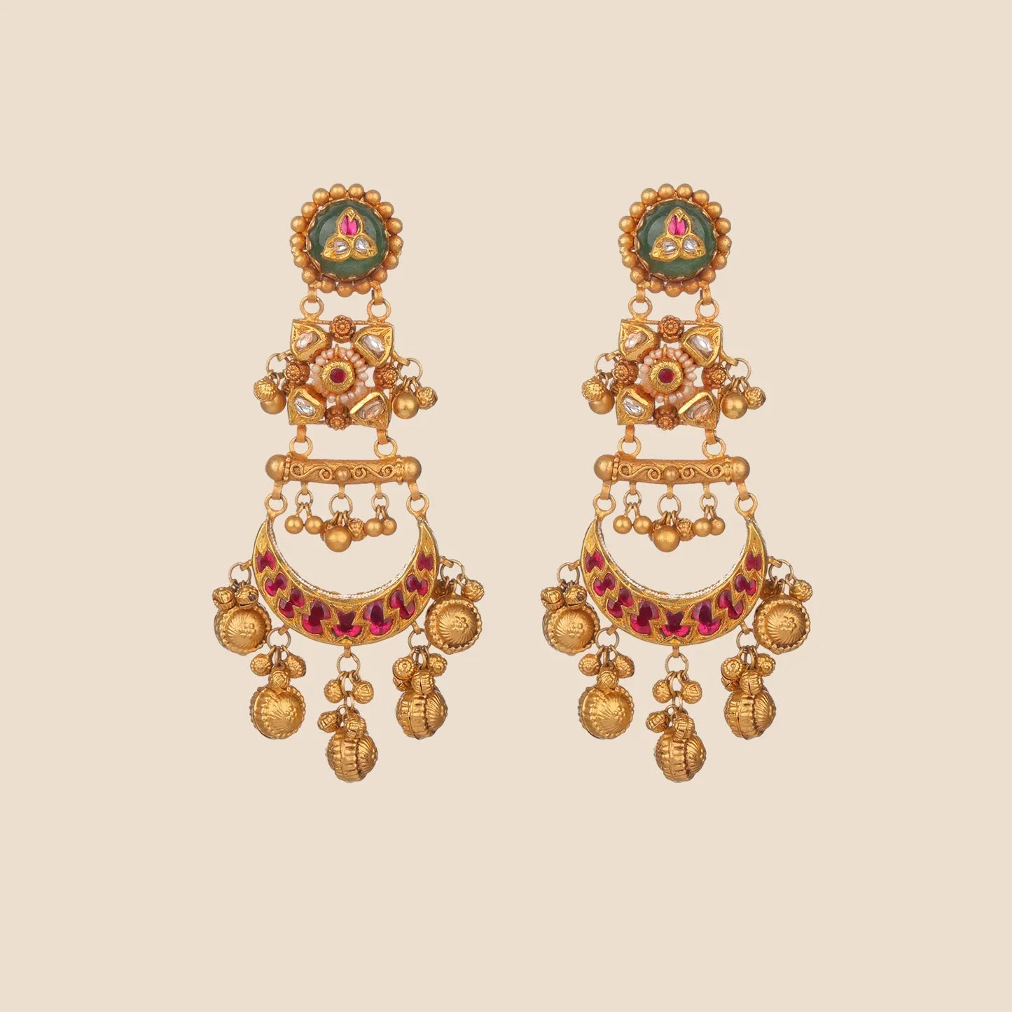 Pair of vintage-style gold dangle earrings featuring green stones, pearl accents, a crescent motif with pink stones, and hanging gold beads.