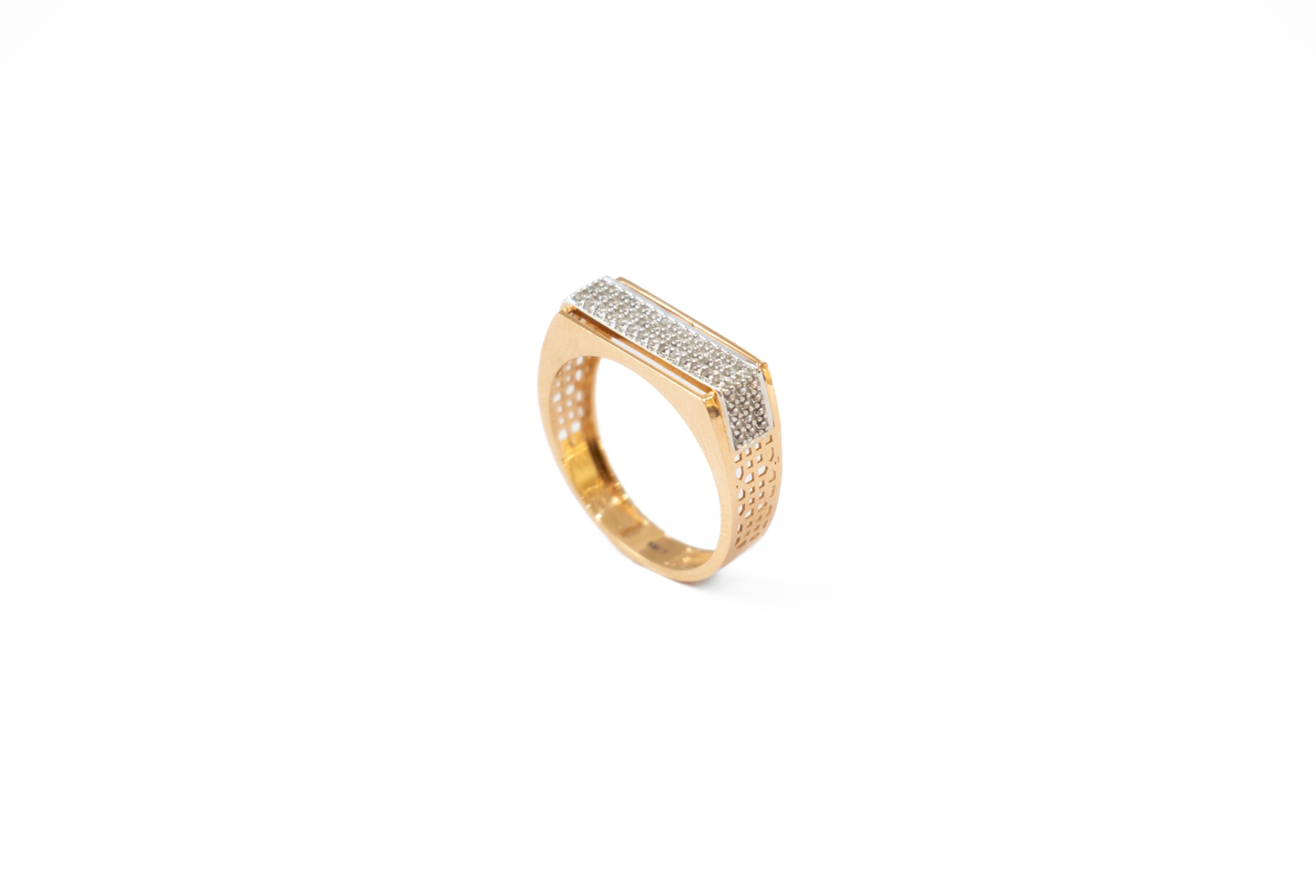 Gold ring with diamond accents on a white background