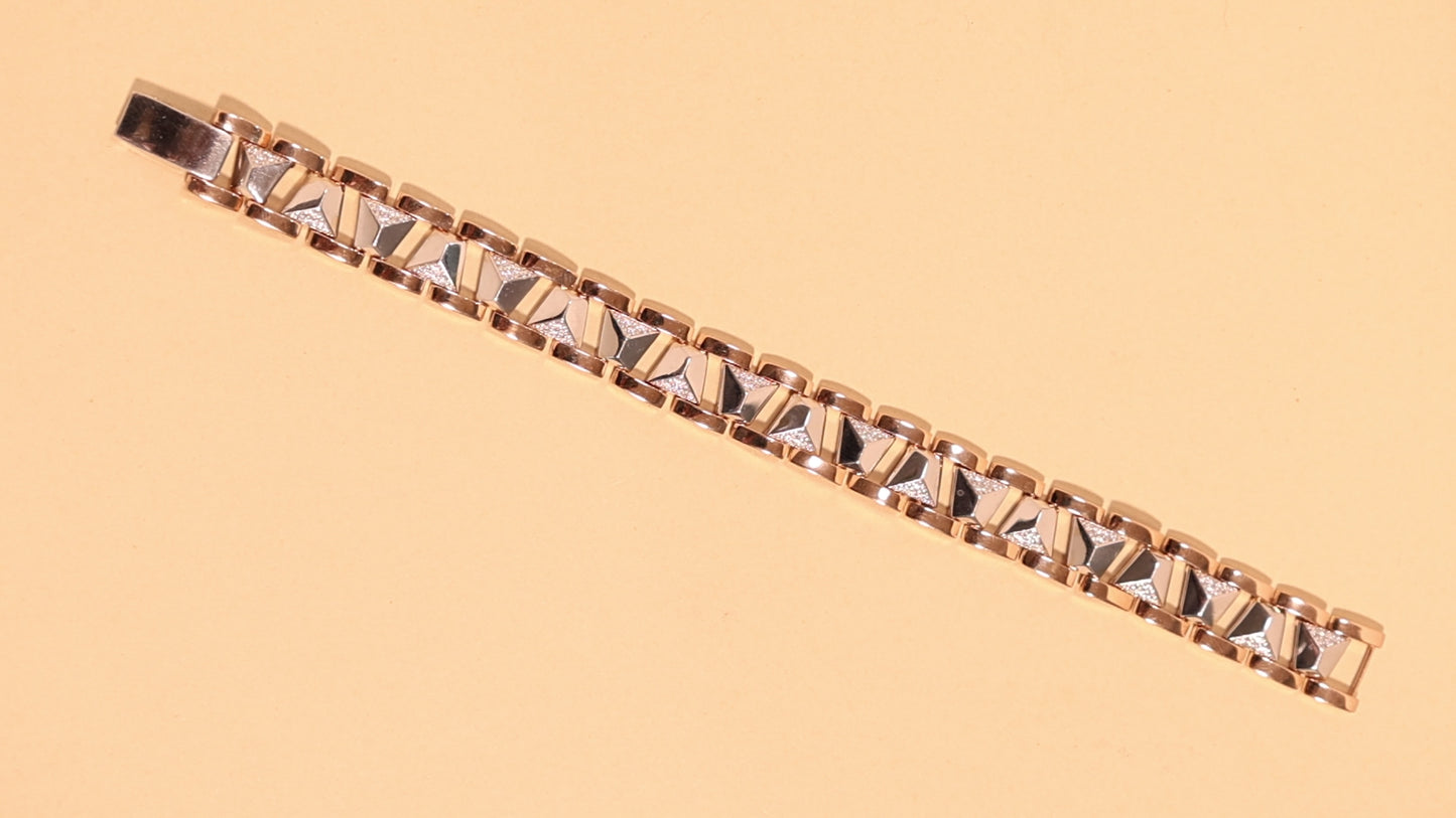 Rose & White Gold Geometric Pyramid-Link Bracelet with Diamond Pavé Edges