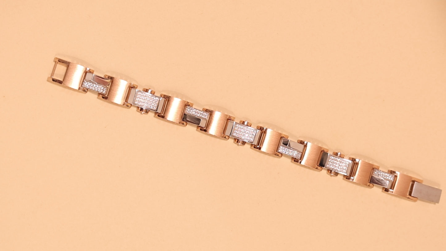 Rose Gold Men's Brushed Link Bracelet with Full Pavé Diamond Panels