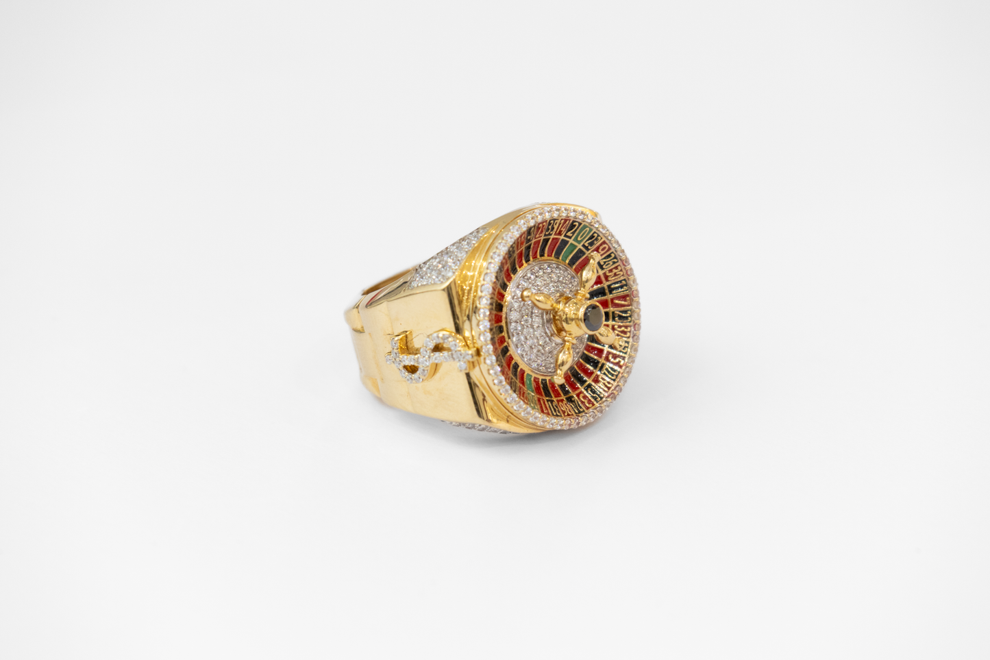 Men Gold ring with colorful gemstones on a white background